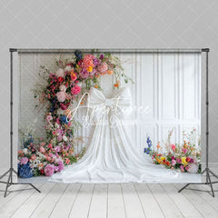 Aperturee - Aperturee White Wall Bow Colorful Floral Wedding Photo Backdrop