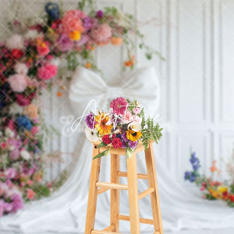 Aperturee - Aperturee White Wall Bow Colorful Floral Wedding Photo Backdrop