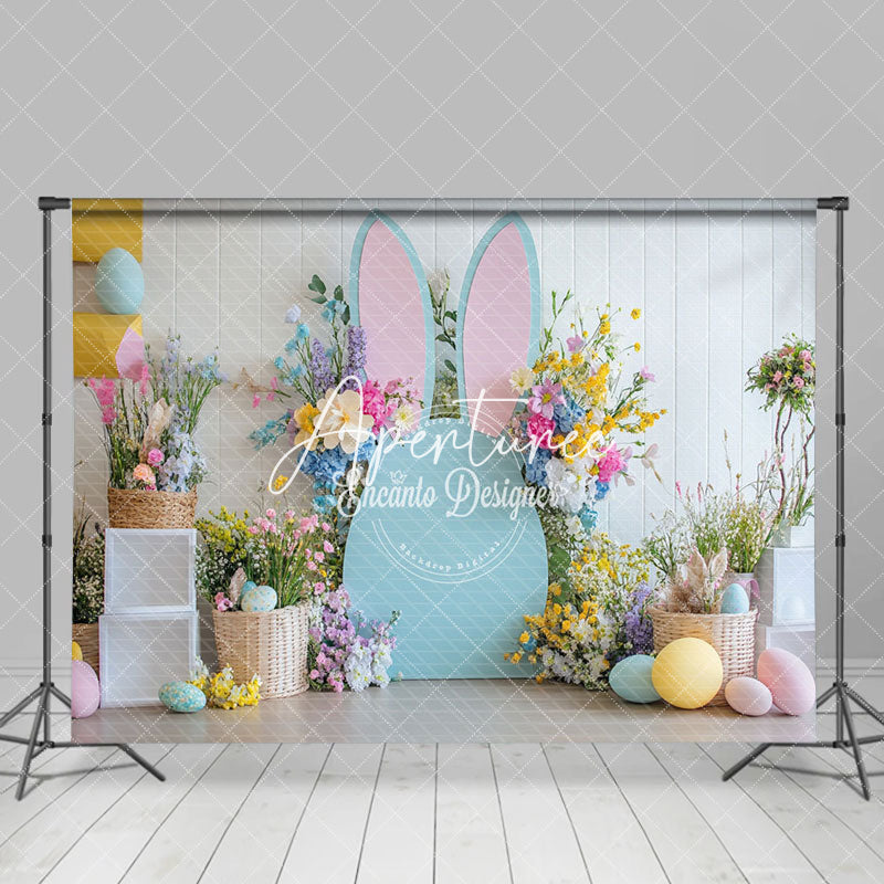 Aperturee - Aperturee White Wall Color Floral Bunny Eggs Easter Backdrop