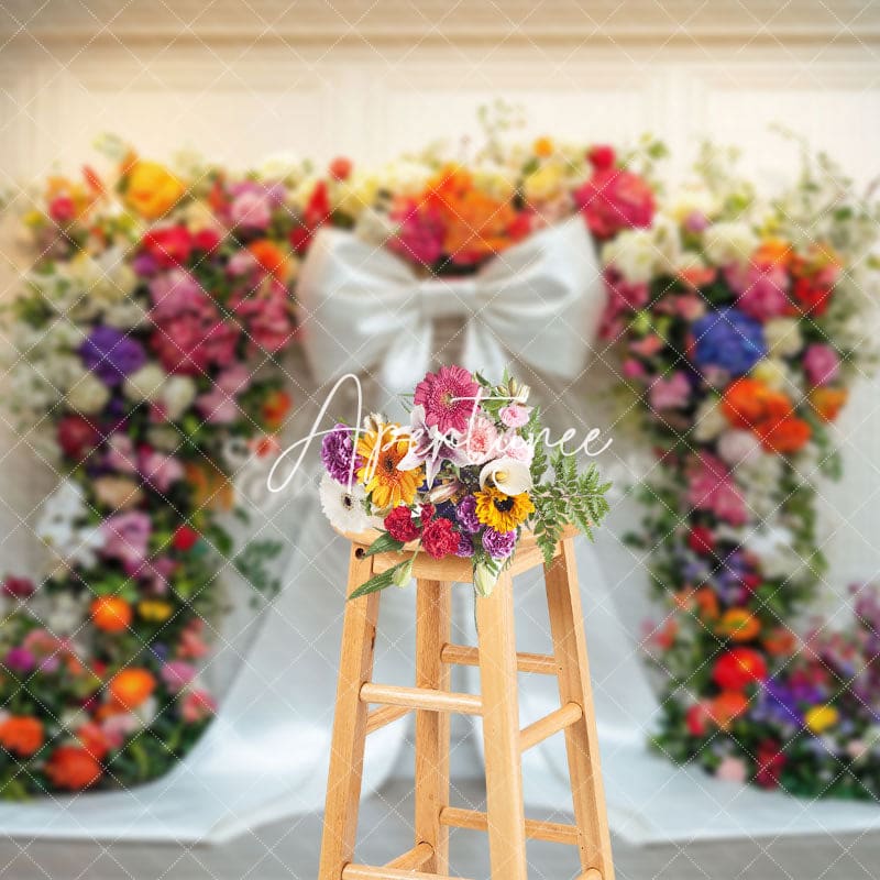 Aperturee - Aperturee White Wall Colorful Floral Bow Backdrop For Wedding