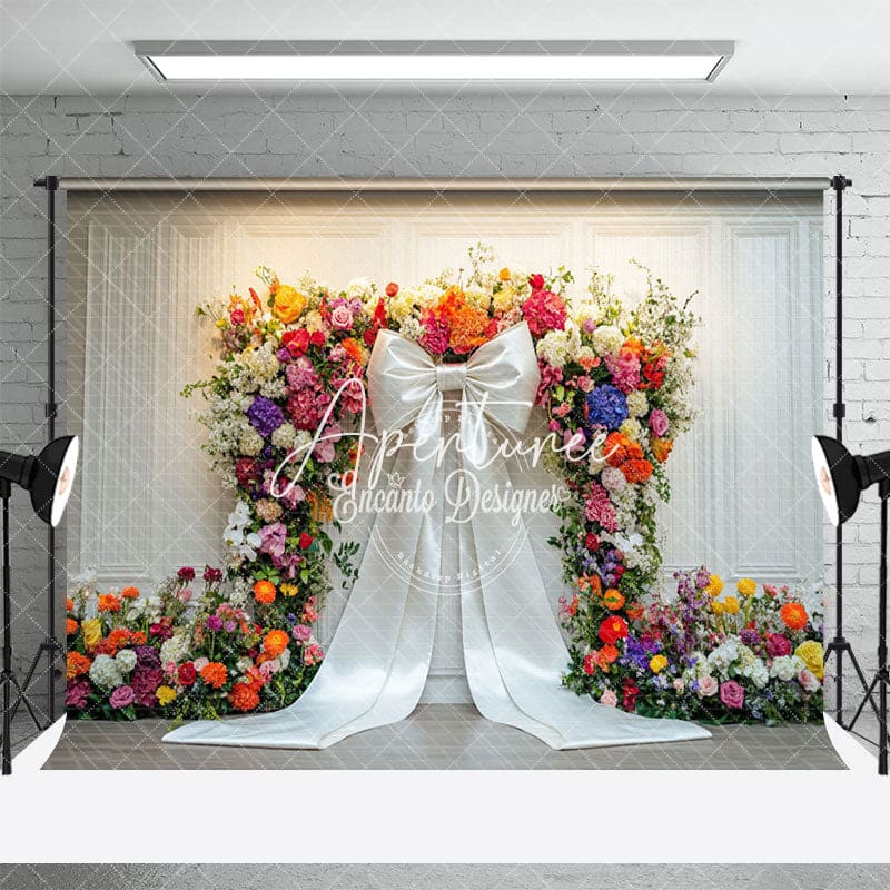 Aperturee - Aperturee White Wall Colorful Floral Bow Backdrop For Wedding