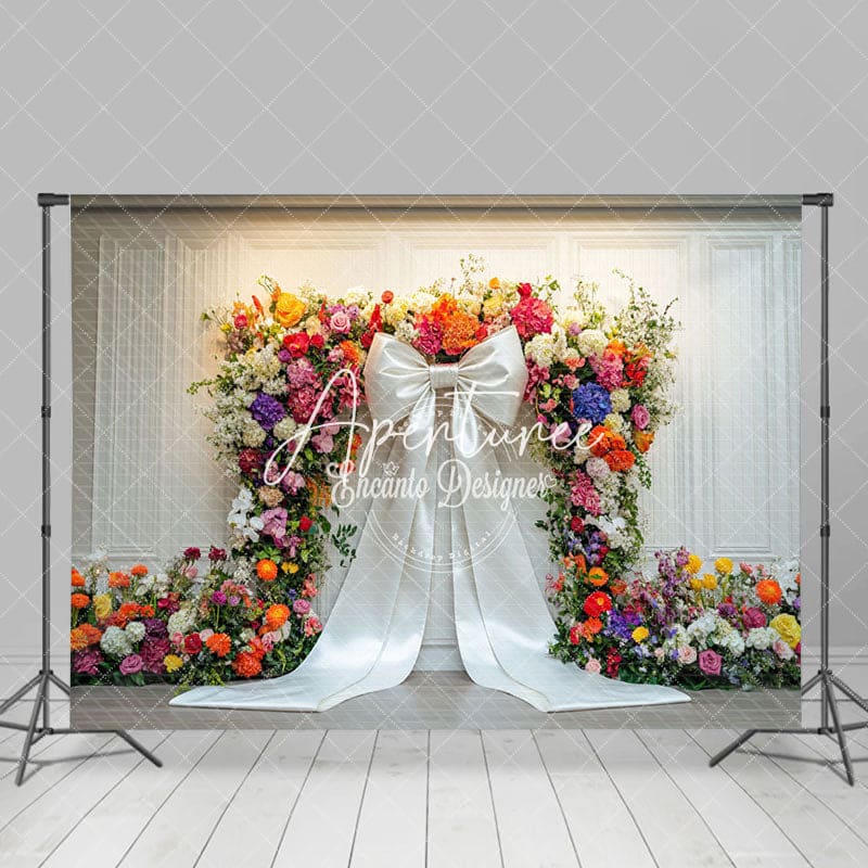 Aperturee - Aperturee White Wall Colorful Floral Bow Backdrop For Wedding