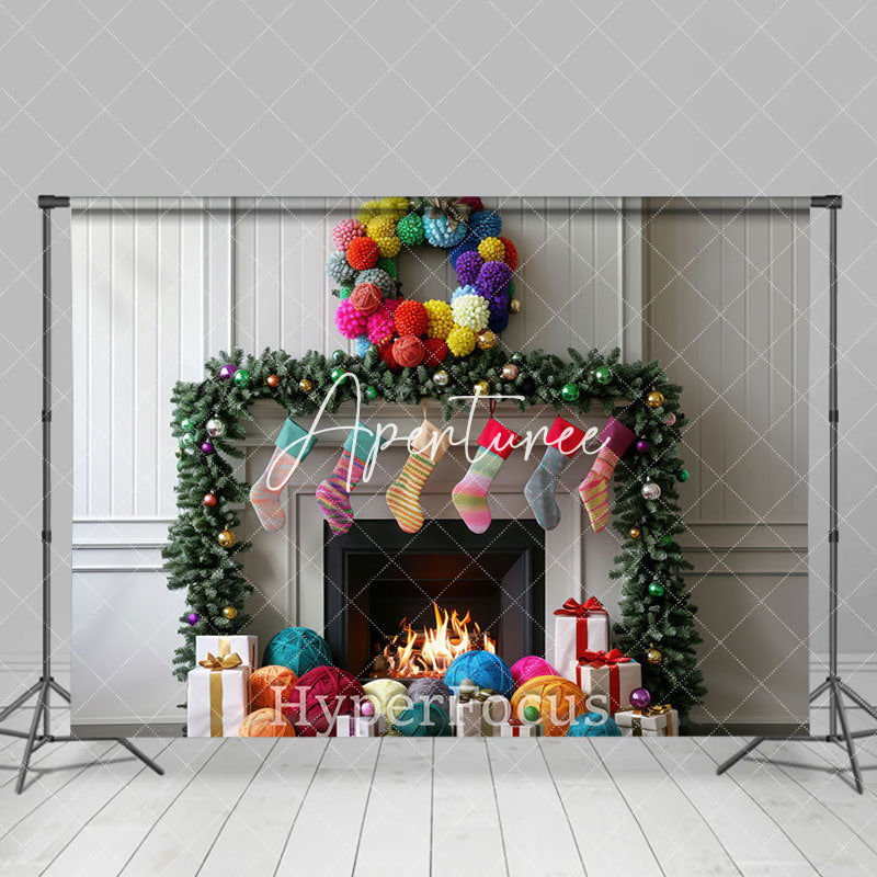 Aperturee - Aperturee White Wall Fireplace Colorful Socks Gifts Backdrop