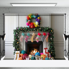 Aperturee - Aperturee White Wall Fireplace Colorful Socks Gifts Backdrop