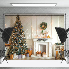 Aperturee - Aperturee White Wall Fireplace Pine Tree Christmas Backdrop