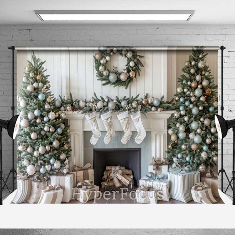 Aperturee - Aperturee White Wall Fireplace Socks Tree Christmas Backdrop