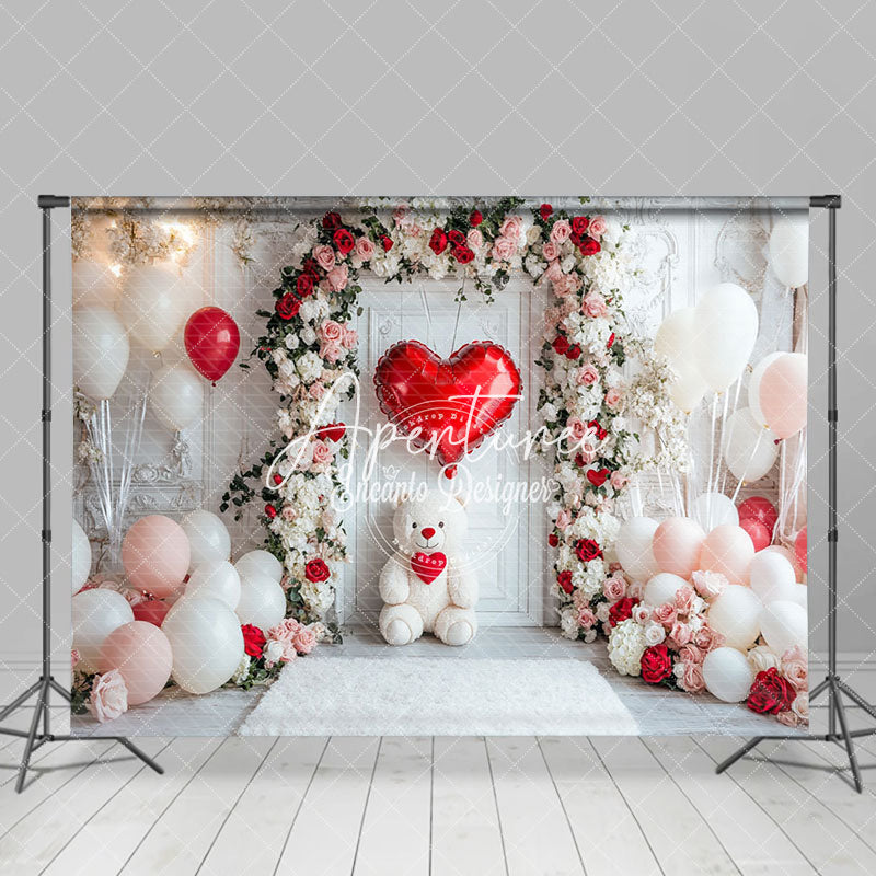 Aperturee - Aperturee White Wall Floral Arch Bear Balloon Romantic Backdrop