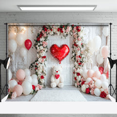 Aperturee - Aperturee White Wall Floral Arch Bear Balloon Romantic Backdrop