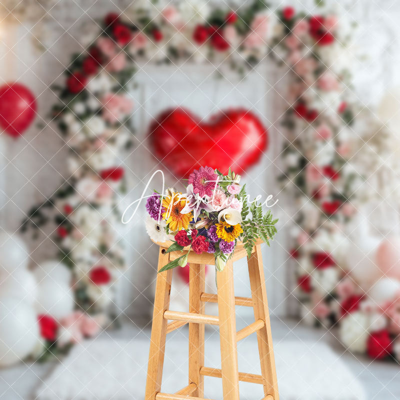 Aperturee - Aperturee White Wall Floral Arch Bear Balloon Romantic Backdrop