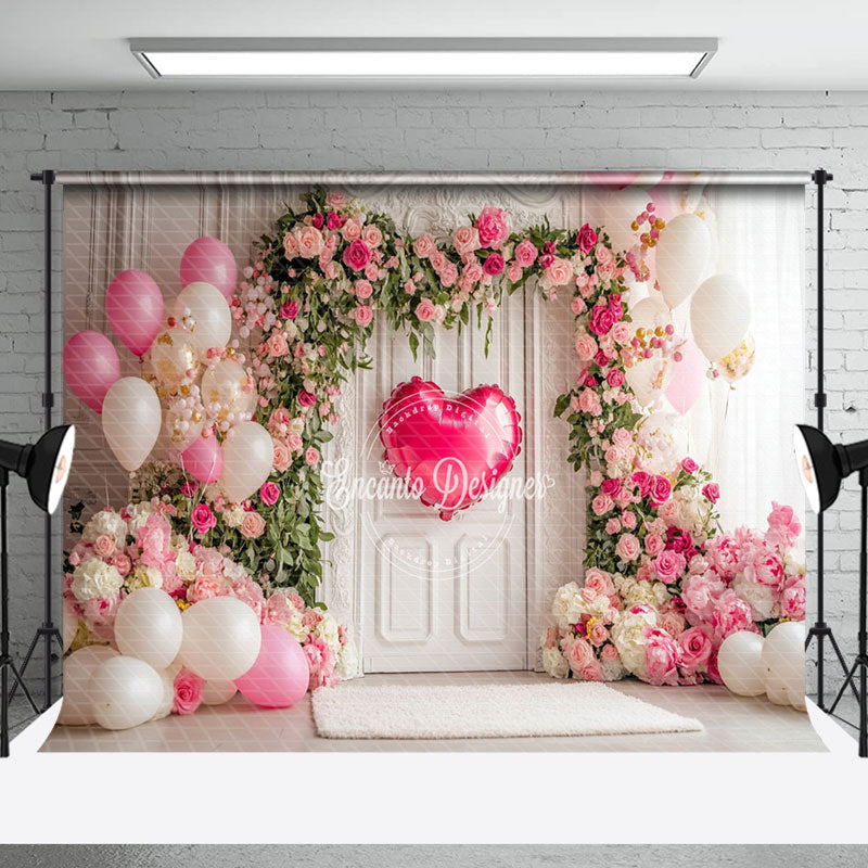 Aperturee - Aperturee White Wall Floral Balloons Valentines Vibe Backdrop