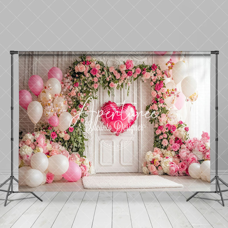 Aperturee - Aperturee White Wall Floral Balloons Valentines Vibe Backdrop