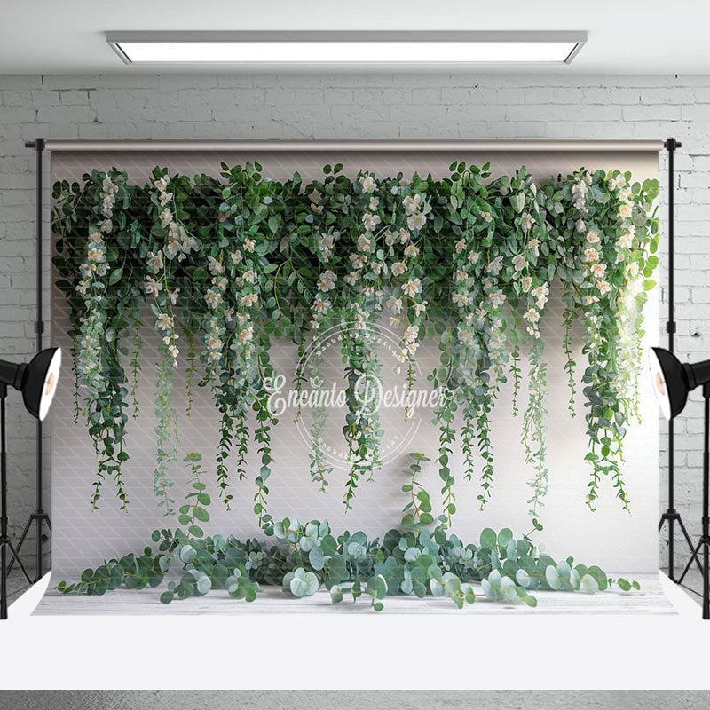 Aperturee - Aperturee White Wall Floral Greenery Spring Photo Backdrop