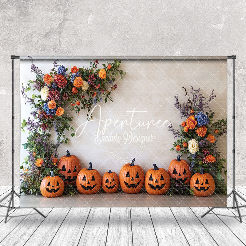 Aperturee - Aperturee White Wall Floral Pumpkins Halloween Photo Backdrop