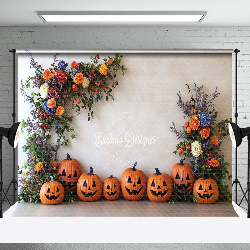 Aperturee - Aperturee White Wall Floral Pumpkins Halloween Photo Backdrop