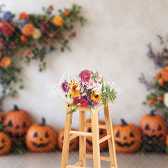 Aperturee - Aperturee White Wall Floral Pumpkins Halloween Photo Backdrop