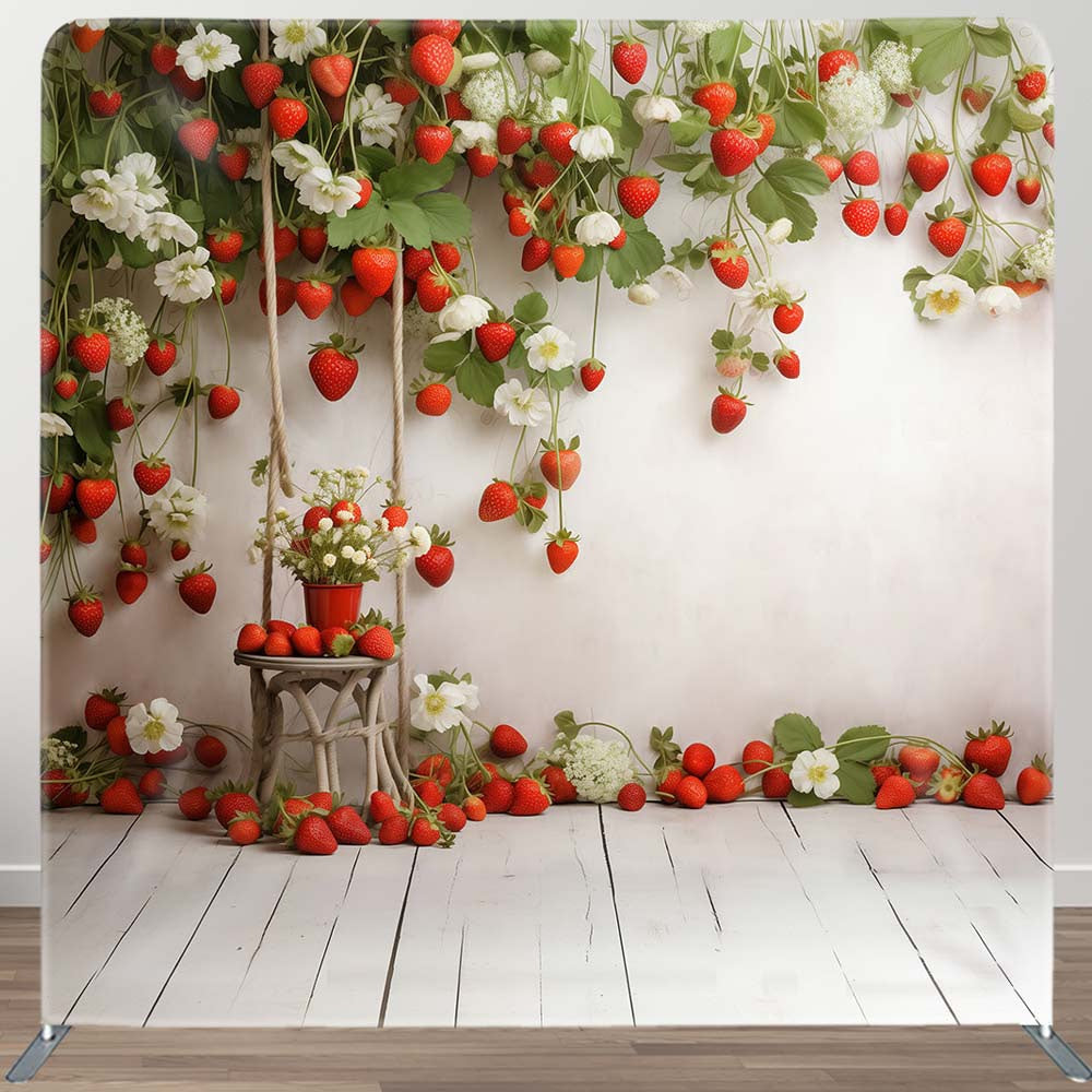 Aperturee - Aperturee White Wall Floral Strawberry Pillow Cover Backdrop