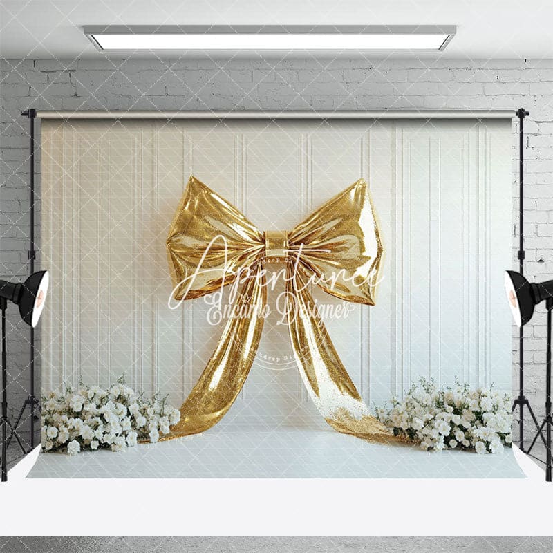 Aperturee - Aperturee White Wall Gold Bow Elegant White Floral Backdrop