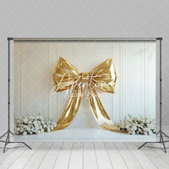 Aperturee - Aperturee White Wall Gold Bow Elegant White Floral Backdrop