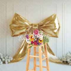 Aperturee - Aperturee White Wall Gold Bow Elegant White Floral Backdrop