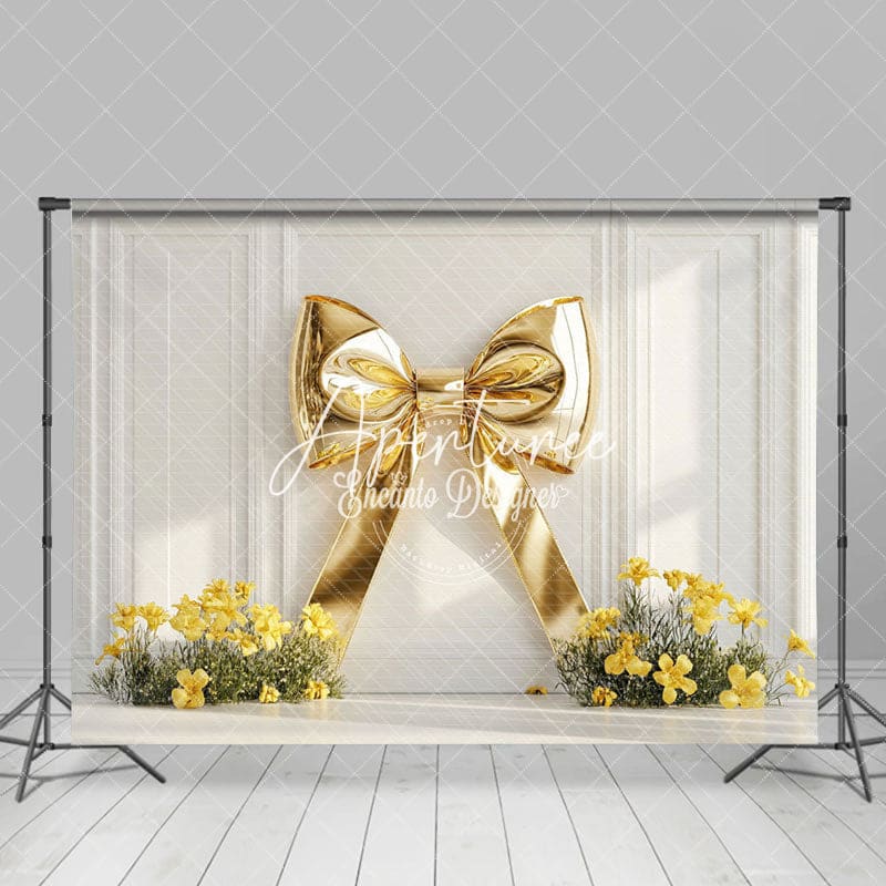 Aperturee - Aperturee White Wall Gold Bow Yellow Floral Wedding Backdrop