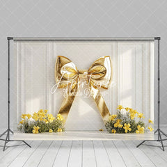 Aperturee - Aperturee White Wall Gold Bow Yellow Floral Wedding Backdrop