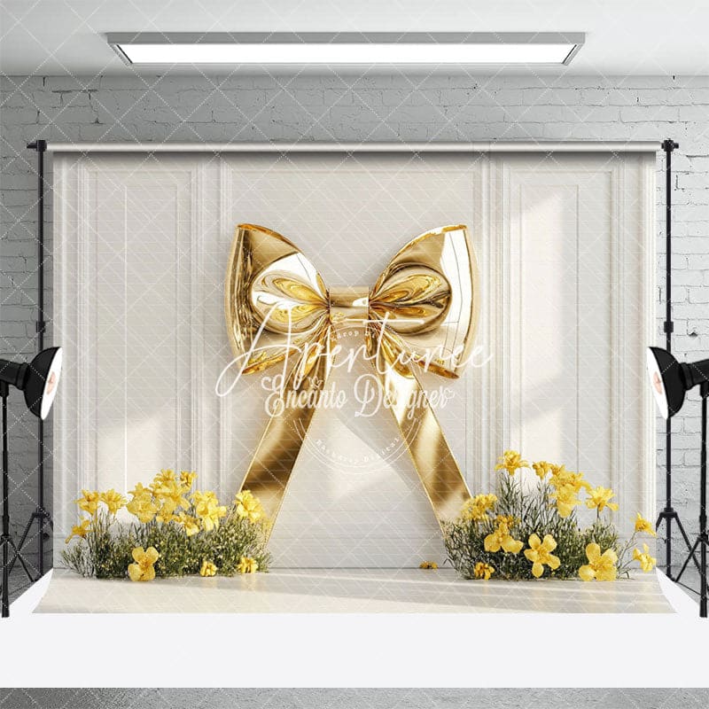 Aperturee - Aperturee White Wall Gold Bow Yellow Floral Wedding Backdrop