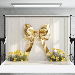 Aperturee - Aperturee White Wall Gold Bow Yellow Floral Wedding Backdrop