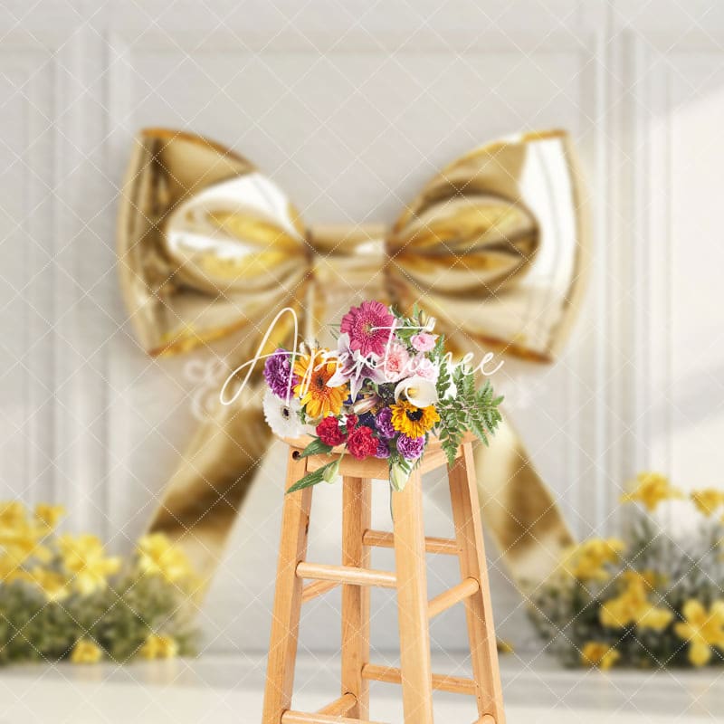 Aperturee - Aperturee White Wall Gold Bow Yellow Floral Wedding Backdrop