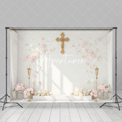 Aperturee - Aperturee White Wall Gold Cross Floral First Communion Backdrop