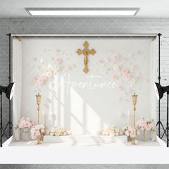 Aperturee - Aperturee White Wall Gold Cross Floral First Communion Backdrop