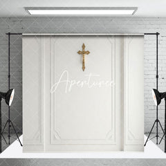 Aperturee - Aperturee White Wall Gold Cross Floral Wedding Room Set Backdrop