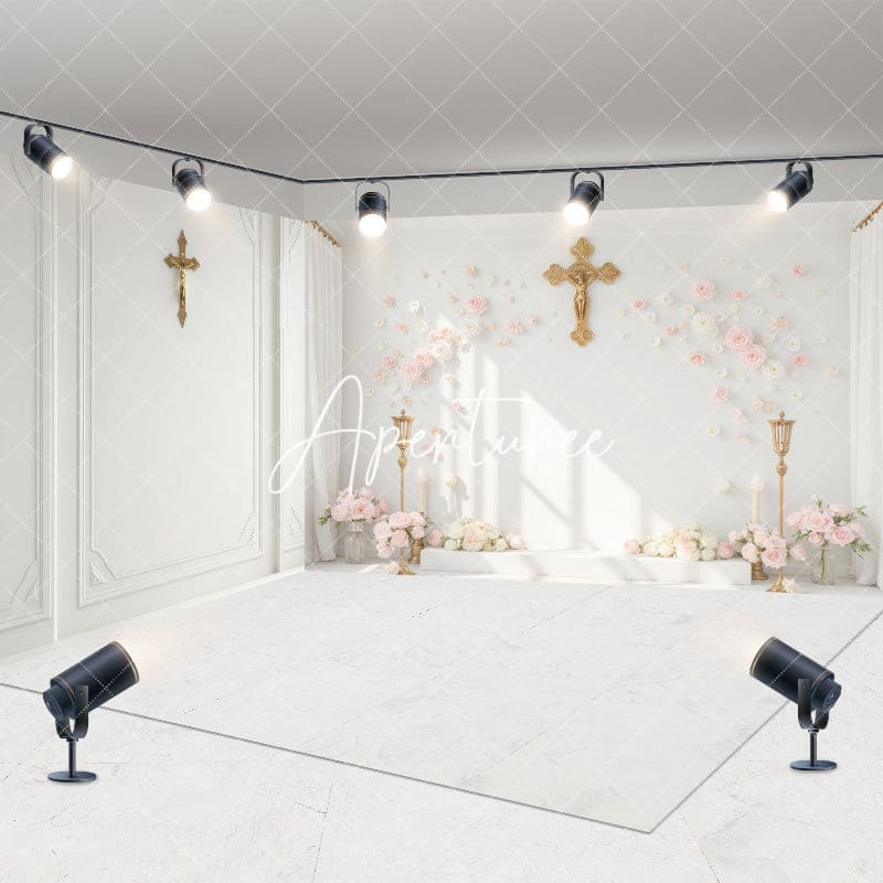 Aperturee - Aperturee White Wall Gold Cross Floral Wedding Room Set Backdrop