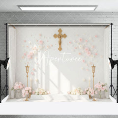 Aperturee - Aperturee White Wall Gold Cross Floral Wedding Room Set Backdrop