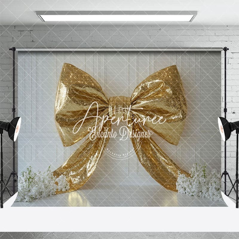 Aperturee - Aperturee White Wall Gold Glitter Bow Floral Wedding Backdrop