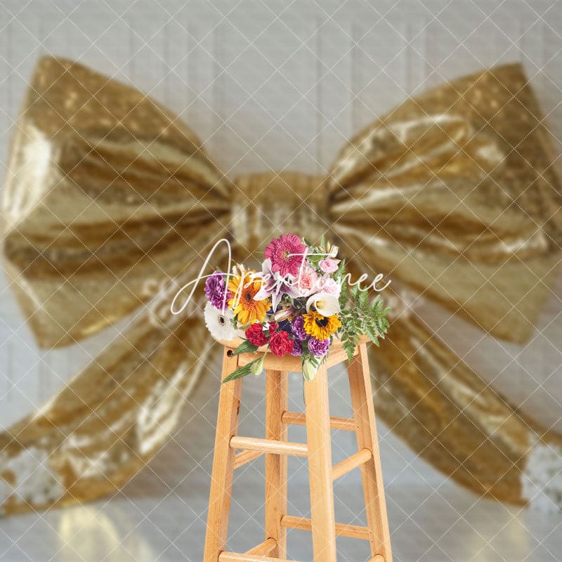 Aperturee - Aperturee White Wall Gold Glitter Bow Floral Wedding Backdrop