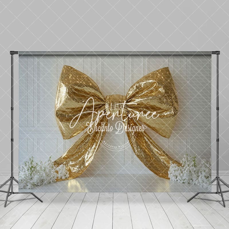 Aperturee - Aperturee White Wall Gold Glitter Bow Floral Wedding Backdrop