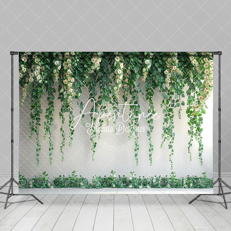 Aperturee - Aperturee White Wall Greenery Ivy Floral Spring Photo Backdrop