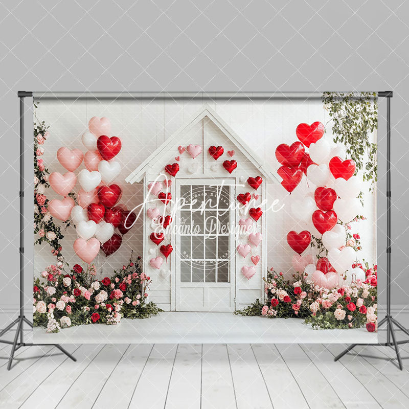 Aperturee - Aperturee White Wall House Balloons Romantic Floral Backdrop