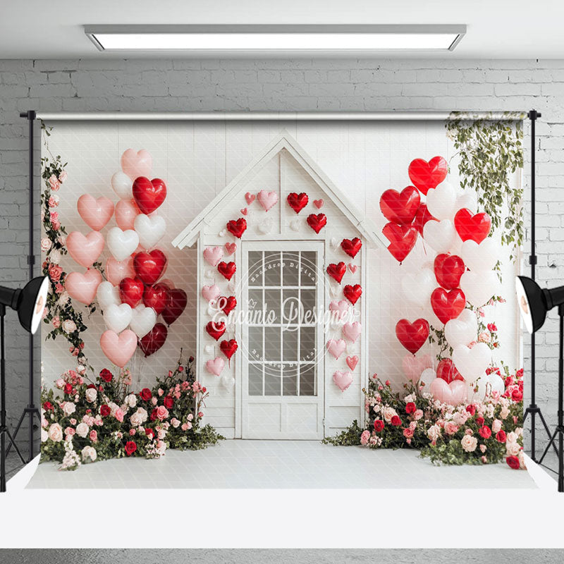 Aperturee - Aperturee White Wall House Balloons Romantic Floral Backdrop