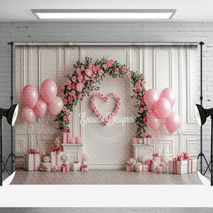 Aperturee - Aperturee White Wall Pink Arch Floral Balloons Gifts Backdrop