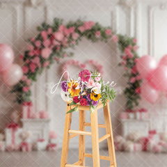 Aperturee - Aperturee White Wall Pink Arch Floral Balloons Gifts Backdrop