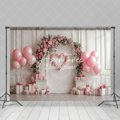 Aperturee - Aperturee White Wall Pink Arch Floral Balloons Gifts Backdrop