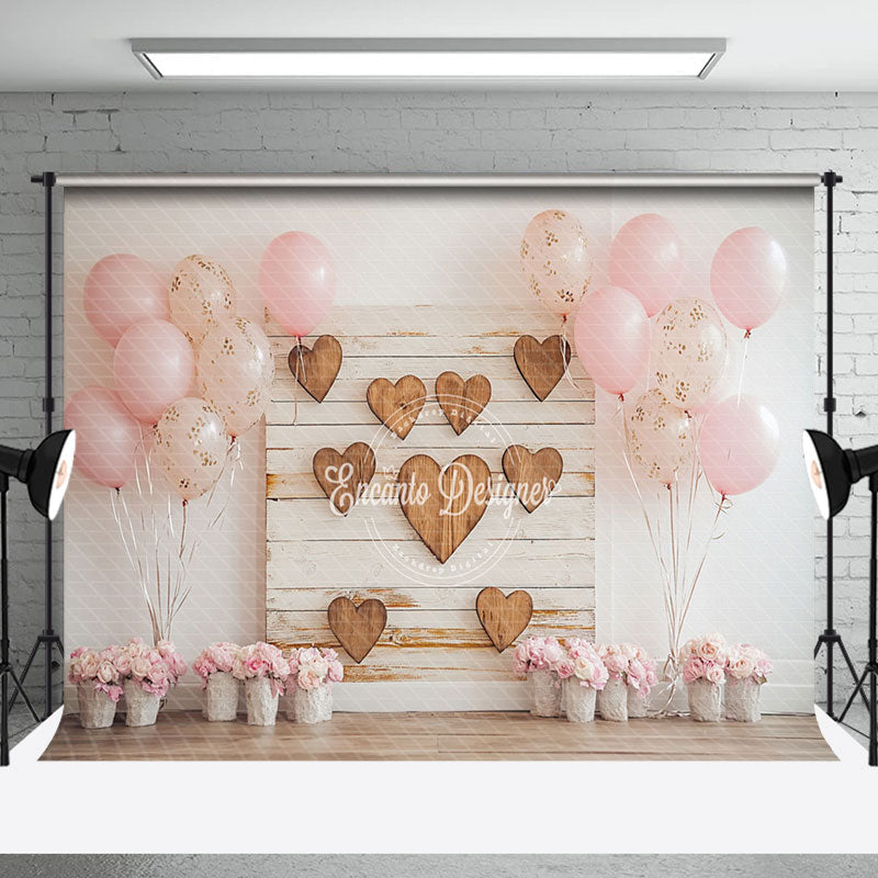 Aperturee - Aperturee White Wall Pink Balloons Wood Heart Floral Backdrop