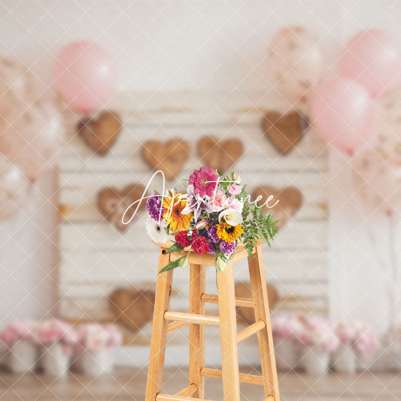 Aperturee - Aperturee White Wall Pink Balloons Wood Heart Floral Backdrop