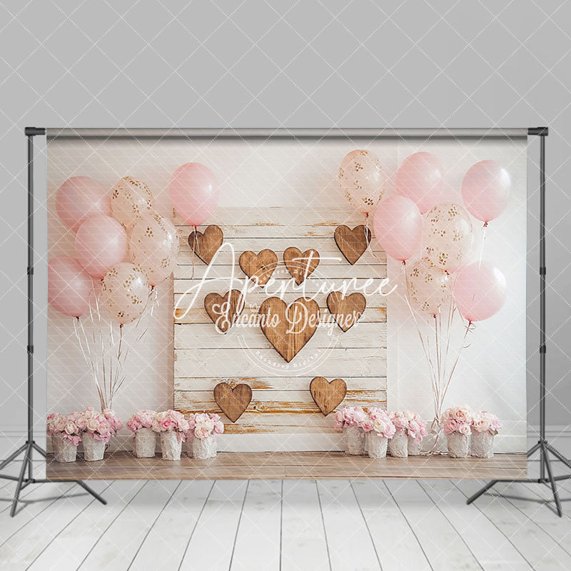 Aperturee - Aperturee White Wall Pink Balloons Wood Heart Floral Backdrop