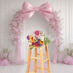 Aperturee - Aperturee White Wall Romantic Pink Bow Floral Wedding Backdrop