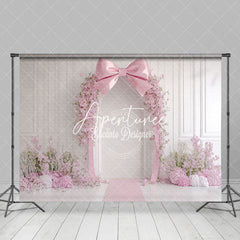 Aperturee - Aperturee White Wall Romantic Pink Bow Floral Wedding Backdrop