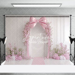 Aperturee - Aperturee White Wall Romantic Pink Bow Floral Wedding Backdrop