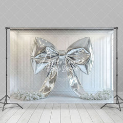 Aperturee - Aperturee White Wall Silver Bow Artwork Floral Wedding Backdrop