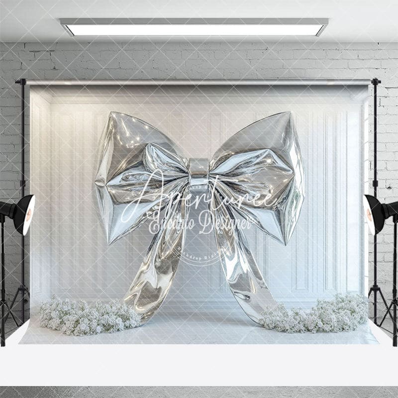 Aperturee - Aperturee White Wall Silver Bow Artwork Floral Wedding Backdrop